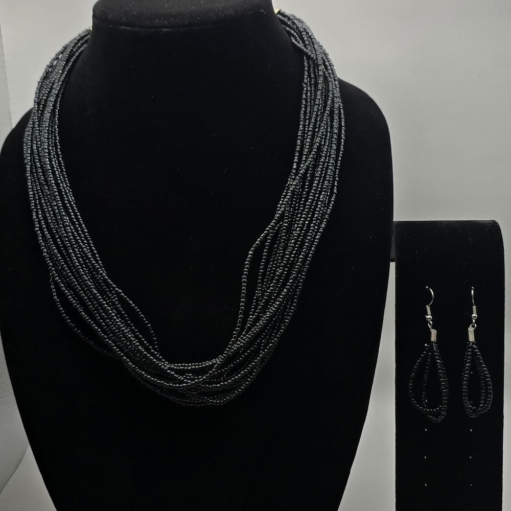 Black Beaded Necklace and Earring Set